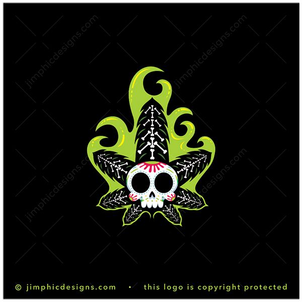 Mexico Skull Cbd Logo logo for sale: Iconic Mexican skull inside a cannabis leaf with bones featured as the leaf's veins and green aroma surrounding everything.