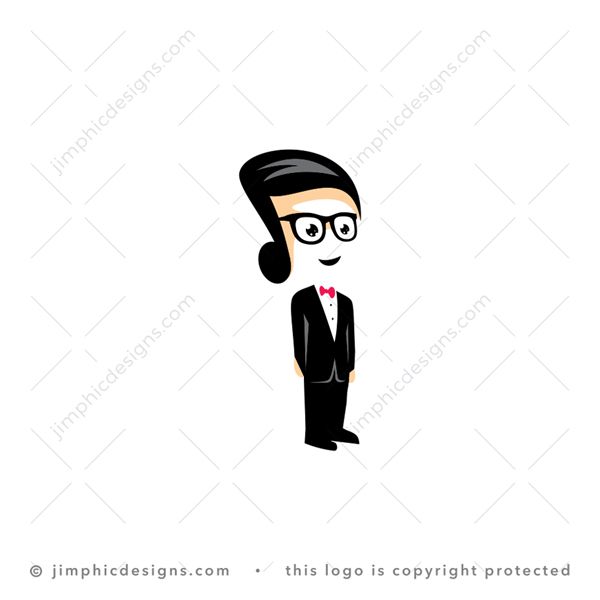 Music Man Logo logo for sale: Smooth and slick person standing with a formal suit have his hair shaped with a music note.