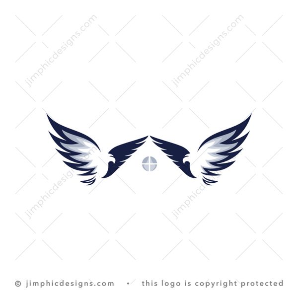 Bird House Logo logo for sale: Two modern birds flying towards each other creates a white negative space house design with their wings.