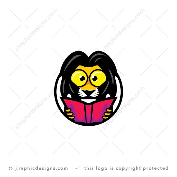 Reading Lion Logo logo for sale: Brainy lion wearing big round geeky reading glasses is holding an open book.