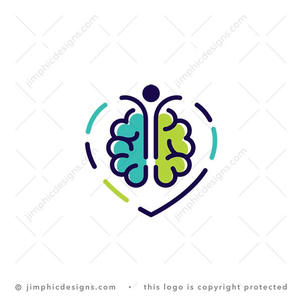 Happy Loving Brain Logo logo for sale: Modern and simplistic brain is shaped with an iconic figure jumping with joy in the center and completes a big heart that surrounds everything.