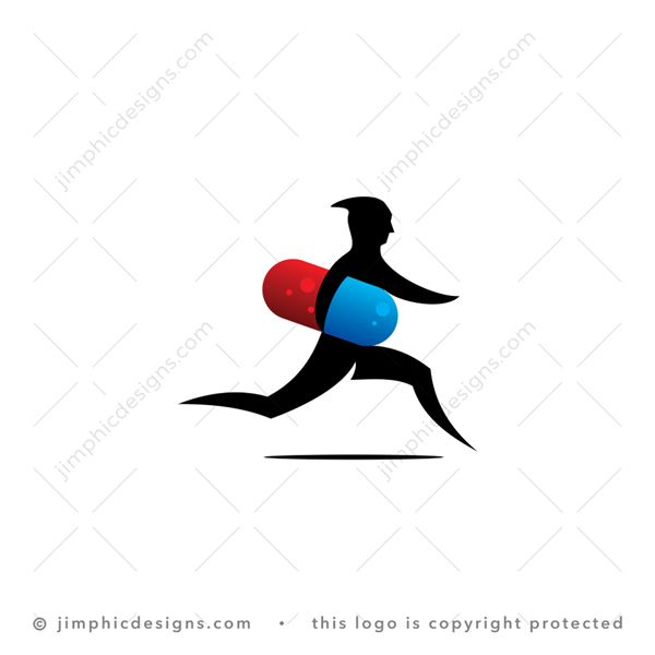 Medicine Transport Logo logo for sale: Abstract person in a fast running motion have a big oversized medicine pill under his arm.