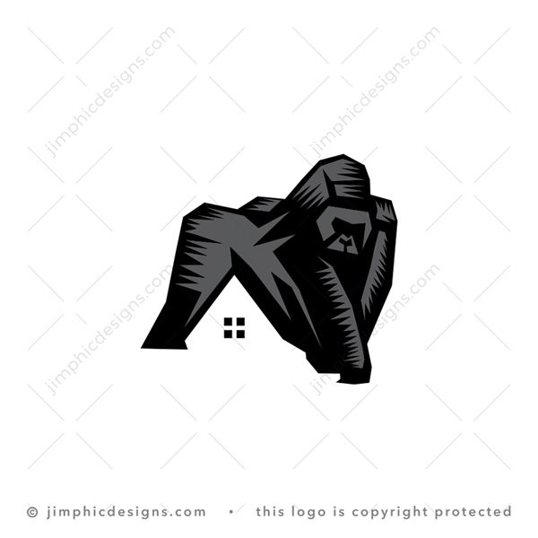 Gorilla House Logo logo for sale: Sharp graphic gorilla in a walking motion creates a simplistic roof design representing a house.