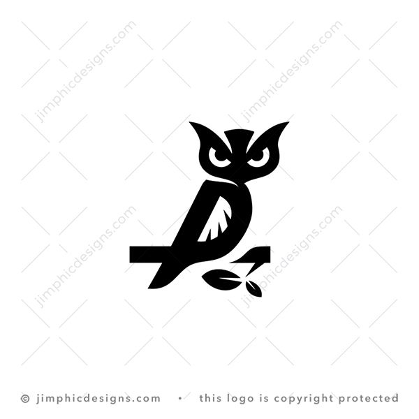 P Owl Logo logo for sale: Smooth letter P is shaped with the body of an owl sitting on a branch.