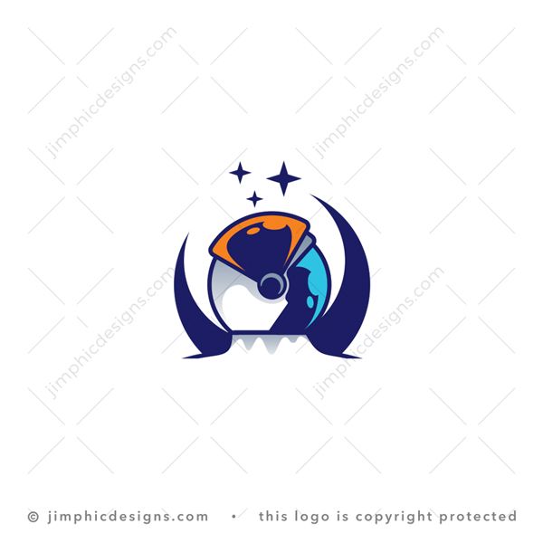 Astronaut Logo logo for sale: Simplistic astronaut helmet and top part of suite with the crescent moon and in the background. 