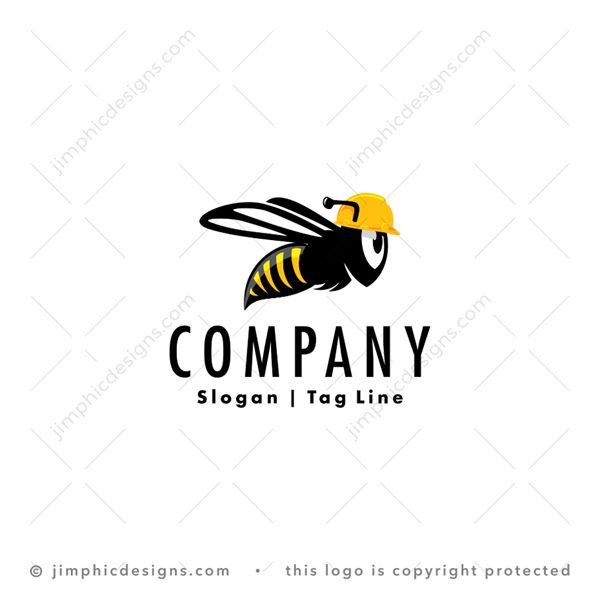 Worker Bee Logo logo for sale: Modern bee design flying in the air on a mission with a construction hat on his head.