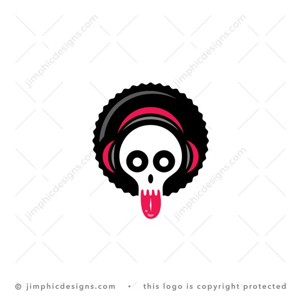 Afro Music Logo logo for sale: Sleek big Afro hairstyle featuring a skull inside with headphones on his ears sticking out his tongue.