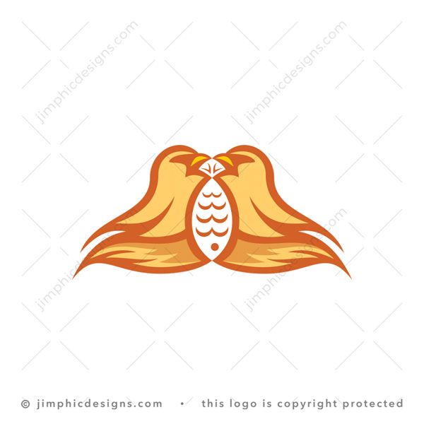 Bird Fish Logo logo for sale: Two big birds looking at each over creates the shape of a fish the their bodies overlapping.