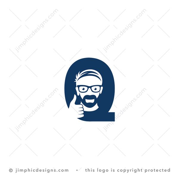 Q Logo logo for sale: Happy person with glasses on his eyes holds up his hand and a thumps up to approve inside a bold letter Q design.