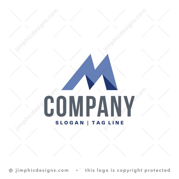 M Mountian Logo logo for sale: Negative space mountains is shaped inside the very sharp and pointy letter M design.