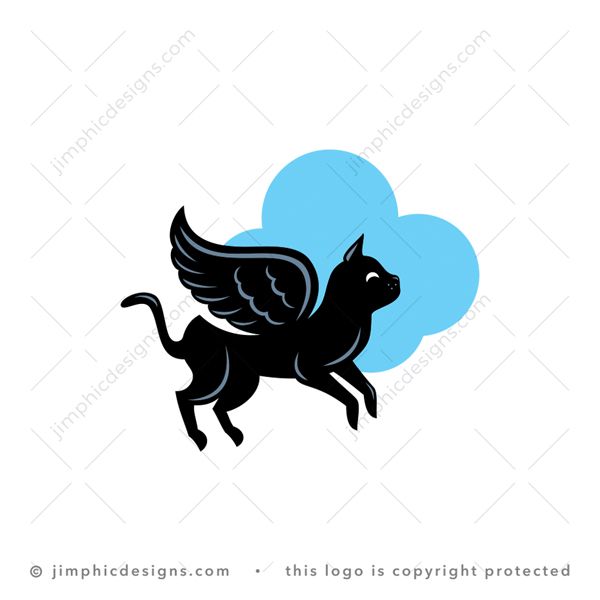 Angel Cat Logo logo for sale: Modern and cute cat animal with angel like wings flying in the air with clouds in the background.