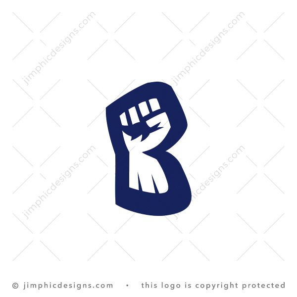 Letter B Fist Logo logo for sale: A strong fist that is pumping into the air is shaped inside an uppercase letter B design.