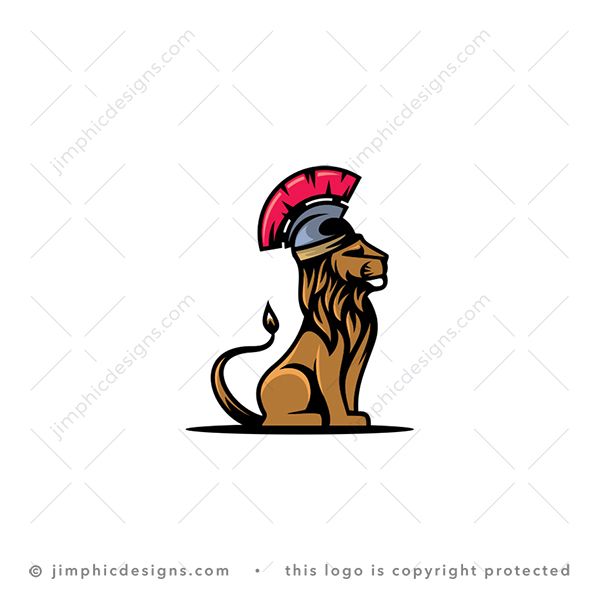 Gladiator Lion Logo logo for sale: Strong and proud lion sitting with a big gladiator type helmet on his head.