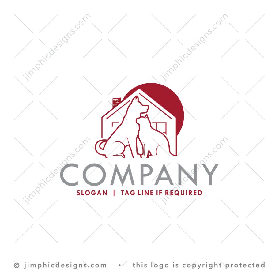 Pet House Logo logo for sale: Simplistic line design of a cat and a dog close to each other inside an iconic house design.