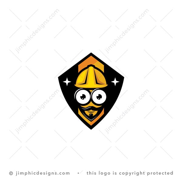 Construction Logo logo for sale: Modern nerdy construction character wearing a construction hat is wearing oversized glasses on his eyes.