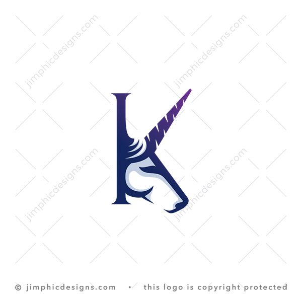 Unicorn K Logo logo for sale: Modern and simplistic unicorn horse head shapes one side of the uppercase letter K design.