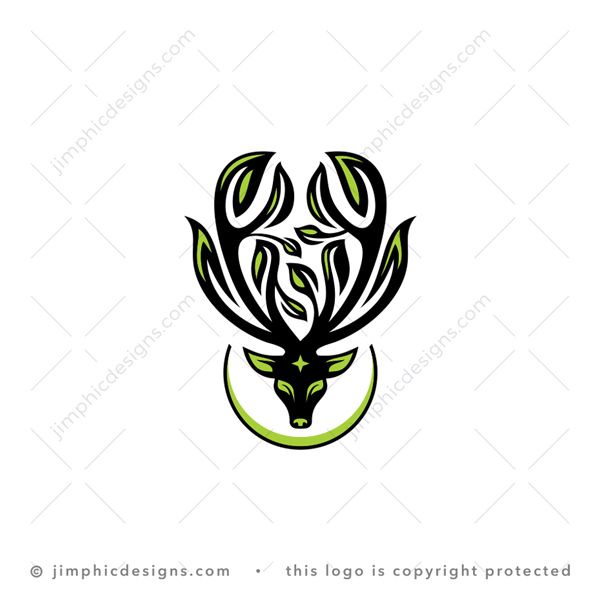 Nature Deer Logo logo for sale: Modern and smooth deer with big horns are shaped into nature leaves with a slight green glance.