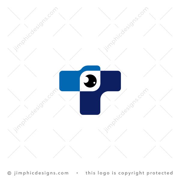 Letter T Eye Logo logo for sale: Uppercase letter T with an eye in the center where the two rectangle blocks overlap.