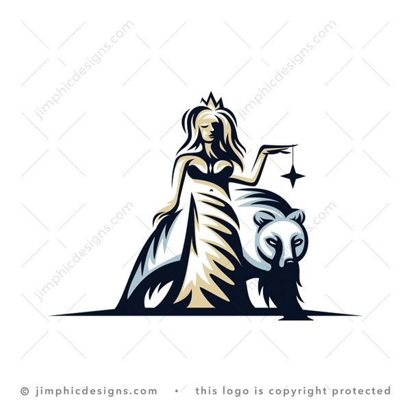 Queen Logo logo for sale: Modern female with a crown on her head and bear by her side.