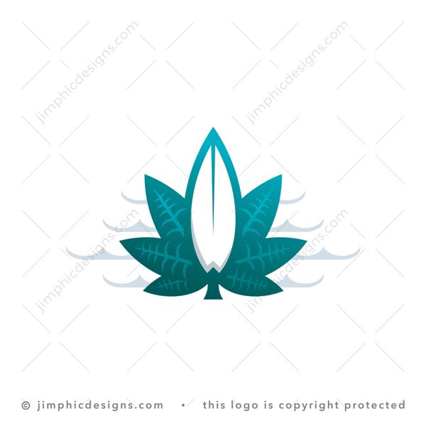 Surfin CBD Logo logo for sale: Modern cannabis plant leaf design with a big white negative space surfboard in the center.