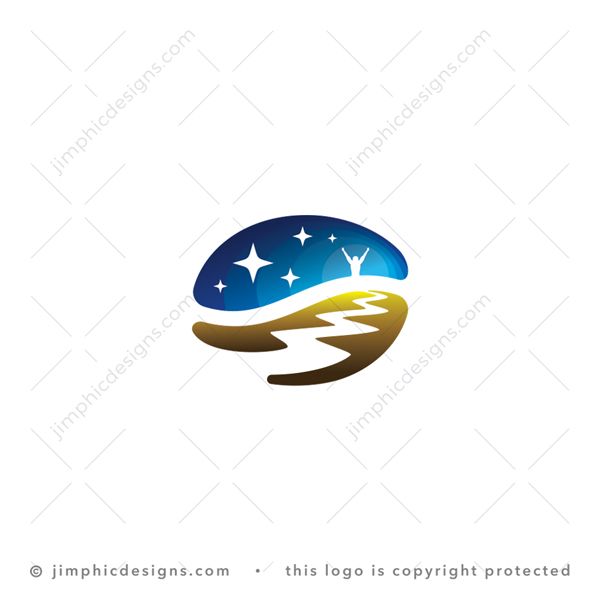 Adventure Coffee Logo logo for sale: Iconic coffee bean featuring a pathway with a person standing with his hands in the air in the starry night.