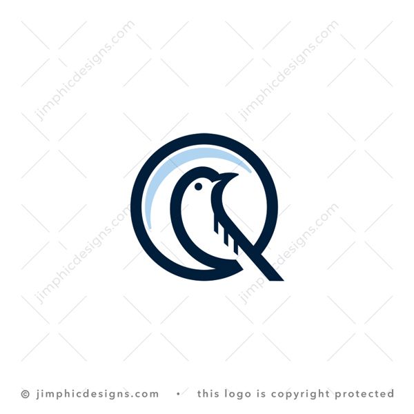 Q Bird Logo logo for sale: Charming line bird sitting inside a circle shapes the uppercase letter Q.