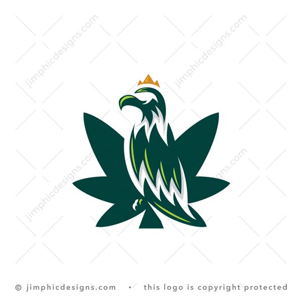 Eagle King Cbd Logo logo for sale: Modern eagle with a crown on top sitting inside a cannabis leaf.