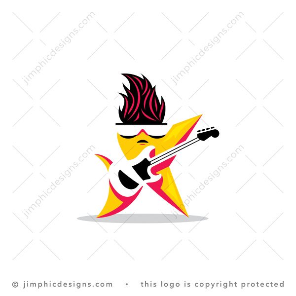 Guitar Star Logo logo for sale: Sleek star design playing a electric guitar which is shaped with white negative space.