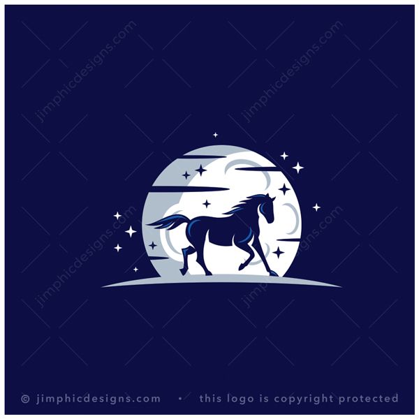 Horse Logo logo for sale: Modern horse design standing proudly with the wind blowing in his hair in front of a big moon and stars.