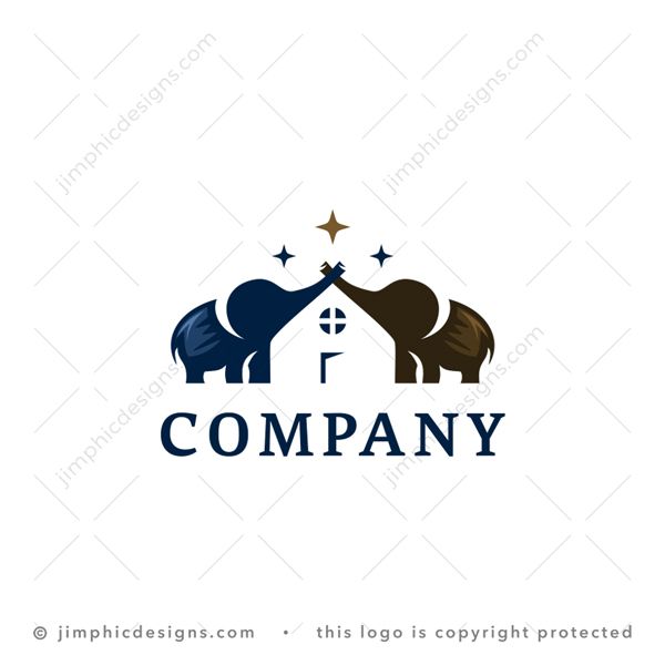 Elephant House Logo logo for sale: Two elegant elephants facing each other and holding up their trunks creates a negative space house design.