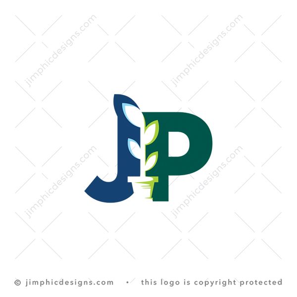 JP Plant Logo logo for sale: Modern and simplistic uppercase letter J and P is connected with a white negative space plant.