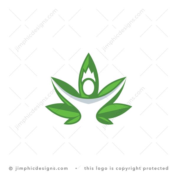 Happy CBD Logo logo for sale: Smooth cannabis plant leaf design featuring a big white negative space person with arms opened up and crown on top.