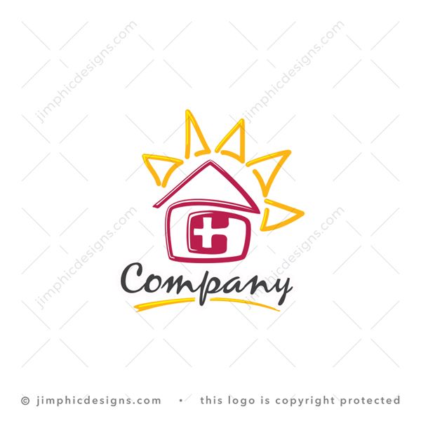 C Medical House Logo logo for sale: An abstract design shapes a letter C with a medical cross inside that creates a house around it with the sun shining bright.