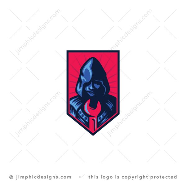 Wrench Warrior Logo logo for sale: Modern warrior design with a hoodie to cover his face holding a wrench tool in front of him inside a shield.