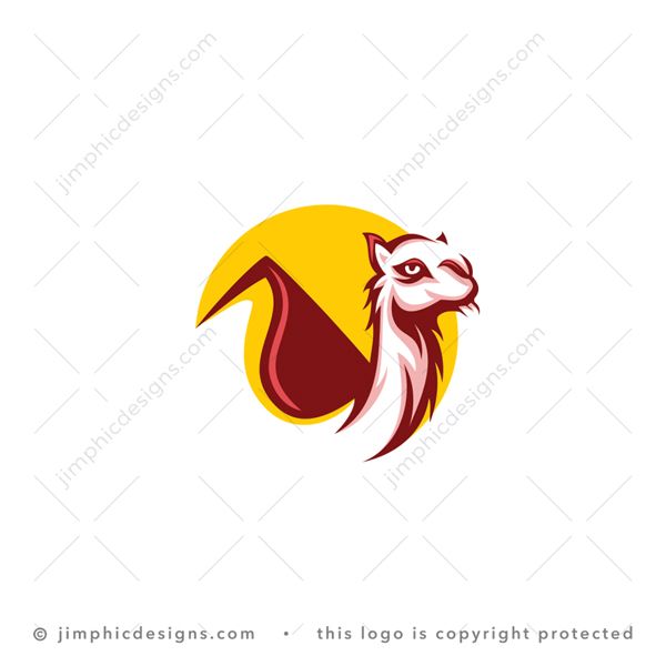 Camel Logo logo for sale: Smooth camel head design inside a circle with his tongue sticking out is attached to a desert mountain.