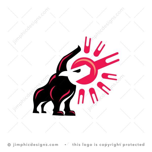 Bull Wrench Logo logo for sale: Modern bull design holding his head up high in front of the sun to shape a wrench tool.