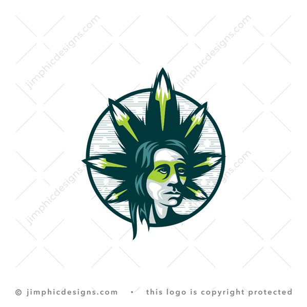 Cbd Chief Logo logo for sale: Sleek chief with a big CBD plant as the war bonnet on his head.