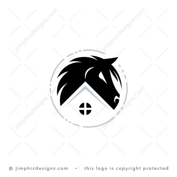 Horse Realty Logo logo for sale: Sleek horse head curling around an iconic roof shaped with negative space inside a circle.