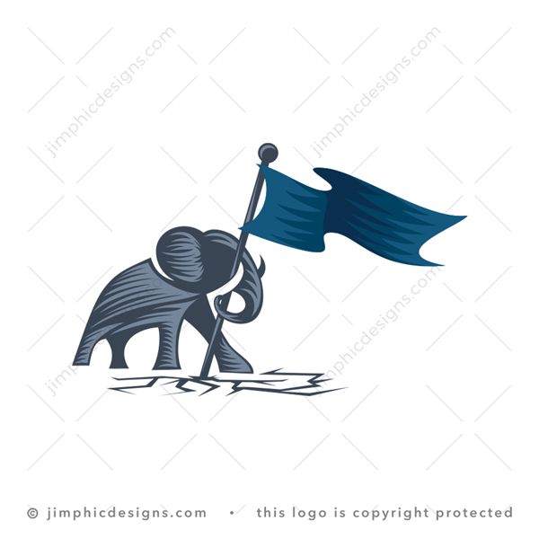 Elephant Logo logo for sale: Modern and sleek elephant standing tall holding a flag pole with his trunk and the flag waving in the wind.