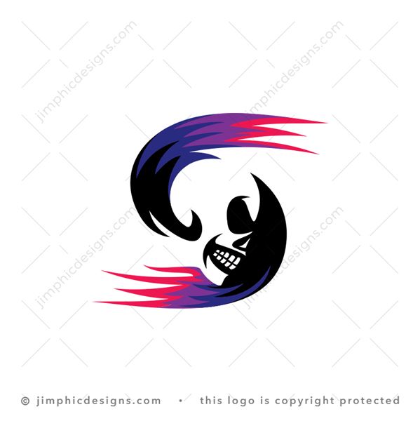 S Skull Logo logo for sale: Modern letter S design is shaped with a white negative space skull in moving motion.