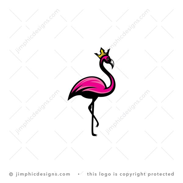 Flamingo King logo for sale: Modern and bright pink flamingo standing on one leg with a big crown the animal's head.