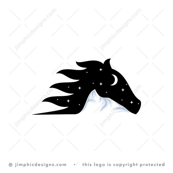 Horse Mountain Logo logo for sale: Horse head design shaping a mountain beneath featuring a night time scenery inside.