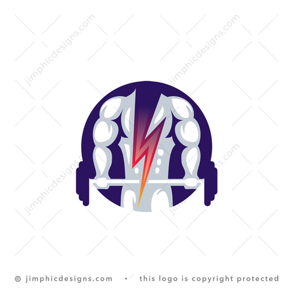 Bolt Fitness Logo logo for sale: Big strong person standing tall holding weights in his arms inside a circle with a lightning bolt in the middle of his body.