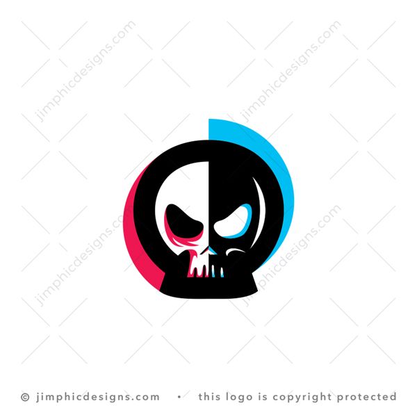 Skull Logo logo for sale: Modern and angry looking skull outlined in red and blue.