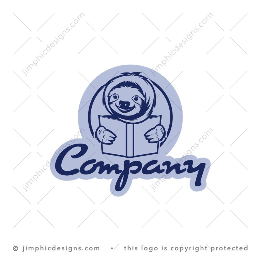 Reading Sloth Logo logo for sale: Sloth animal with a big smile on his face is sitting and reading a book.