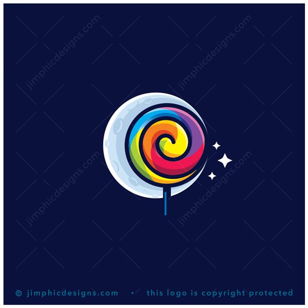 Moon Candy Logo logo for sale: Modern and smooth round candy in front of the moon that creates a crescent moon with stars.