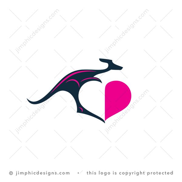 Loving Kangaroo Logo logo for sale: Smooth kangaroo animal in a jumping motion creates half a heart with white negative space.