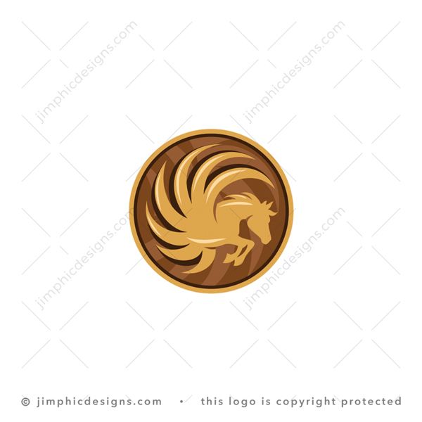 Pegasus Logo logo for sale: Modern Pegasus horse design inside a round medal shape with his wings spread wide.