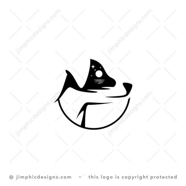 Dog Logo logo for sale: Modern dog looking to the side with his eye shaped as the moon and the reflection below on the water.