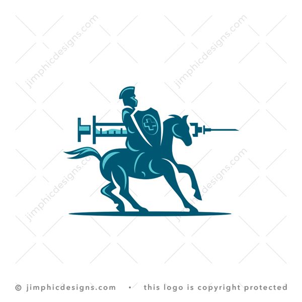 Medicine Warrior Logo logo for sale: Modern warrior on his horse holding up his shield and a big oversized medicine injection needle.